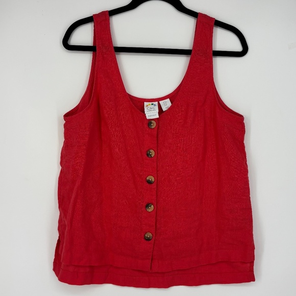 C&C Womens Medium Big Button Front Tank Top Coral Pink 100% Linen Relaxed Fit - Picture 1 of 6